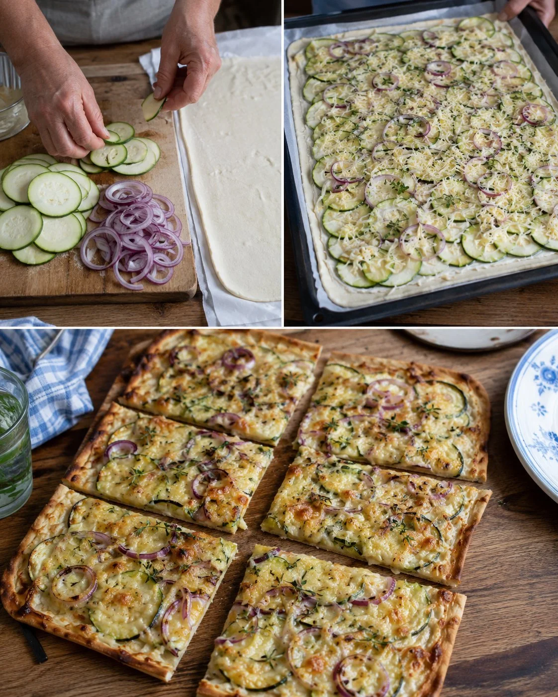 Sheet pan zucchini flammkuchen topped with fresh vegetables and cheese