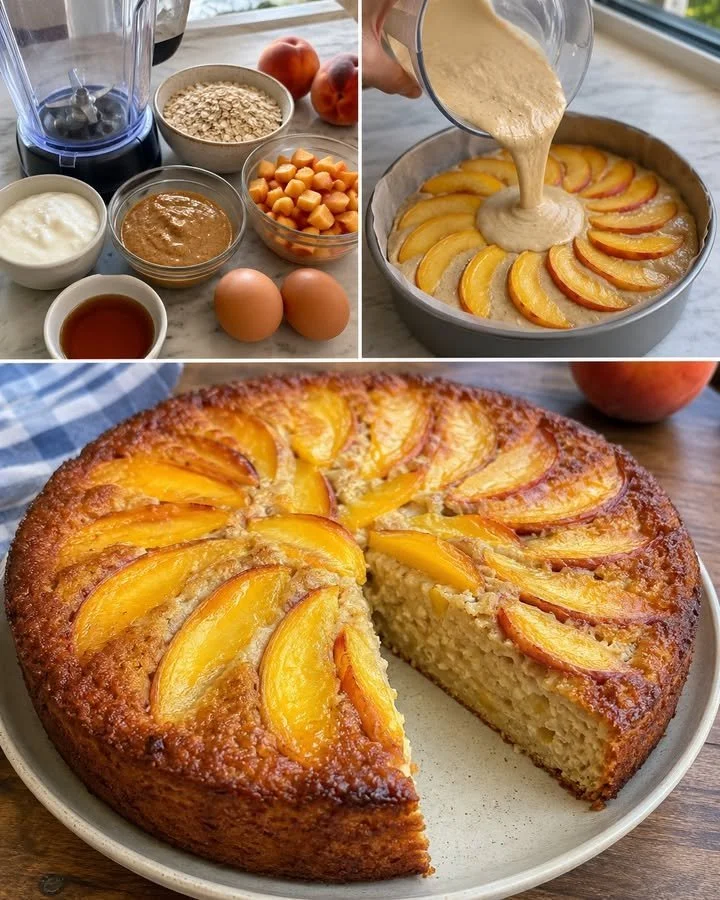 Soft peach cake with almonds and oats served on a plate