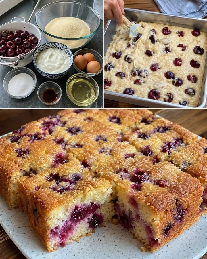 Soft semolina cake with cherries and vanilla served as a dessert