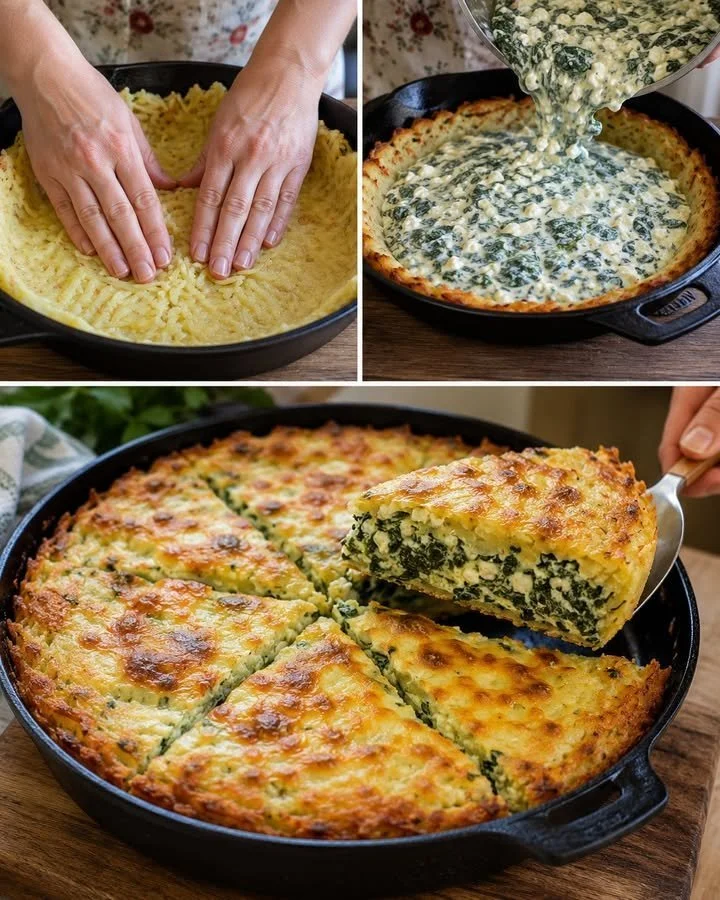 Spinach and Cheese Pie with a crispy potato crust, a delicious savory dish