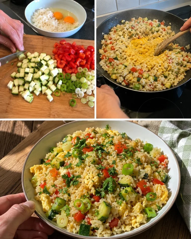 Delicious stir-fried rice with zucchini in a colorful bowl