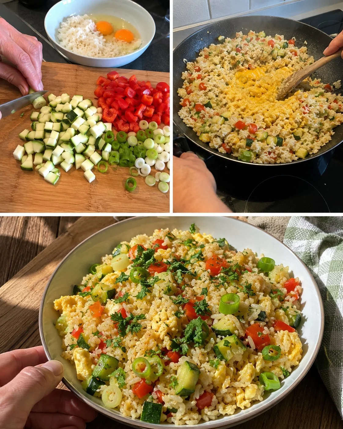 Delicious stir-fried rice with zucchini in a colorful bowl