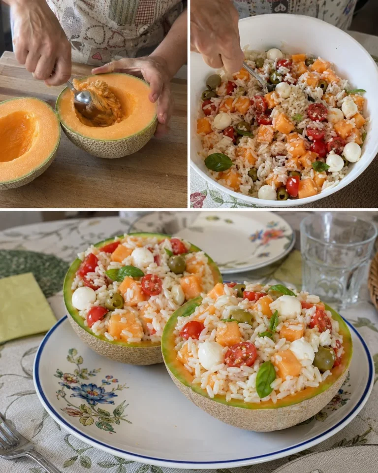 Delicious stuffed melon filled with colorful rice salad for a summer dish.