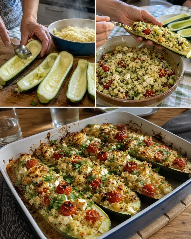 Delicious stuffed zucchini with couscous, tomatoes, and feta cheese