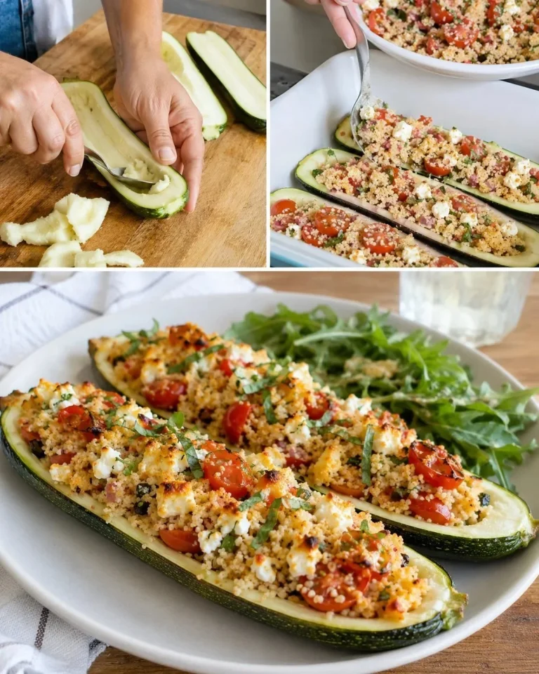 Stuffed zucchinis filled with couscous, feta cheese, and cherry tomatoes on a plate
