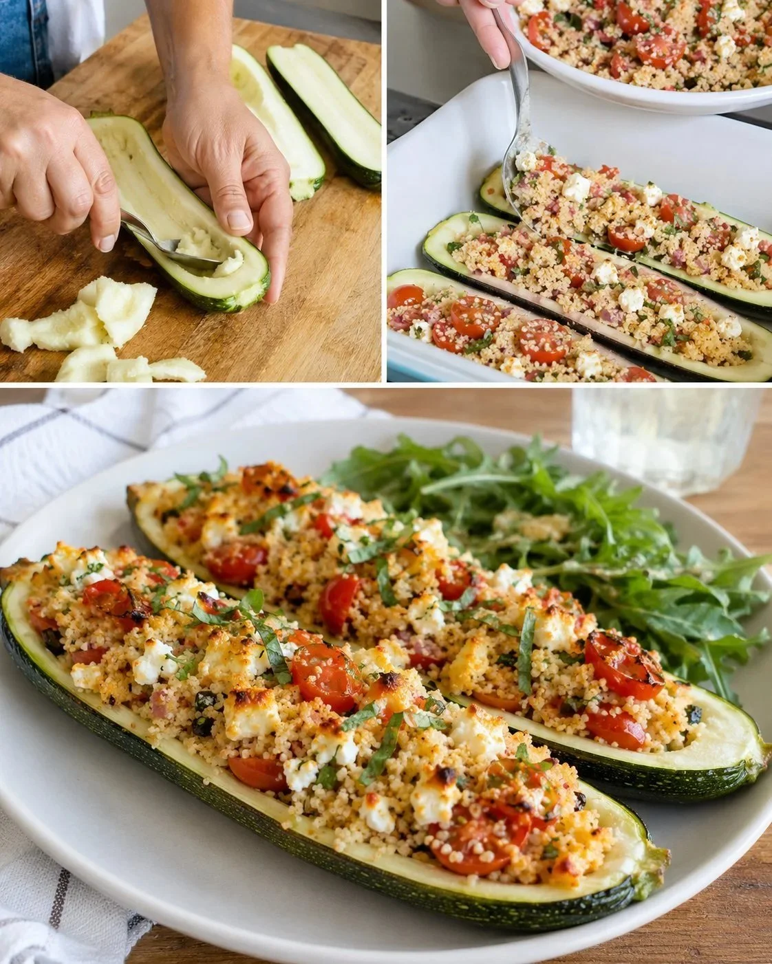 Stuffed zucchinis filled with couscous, feta cheese, and cherry tomatoes on a plate