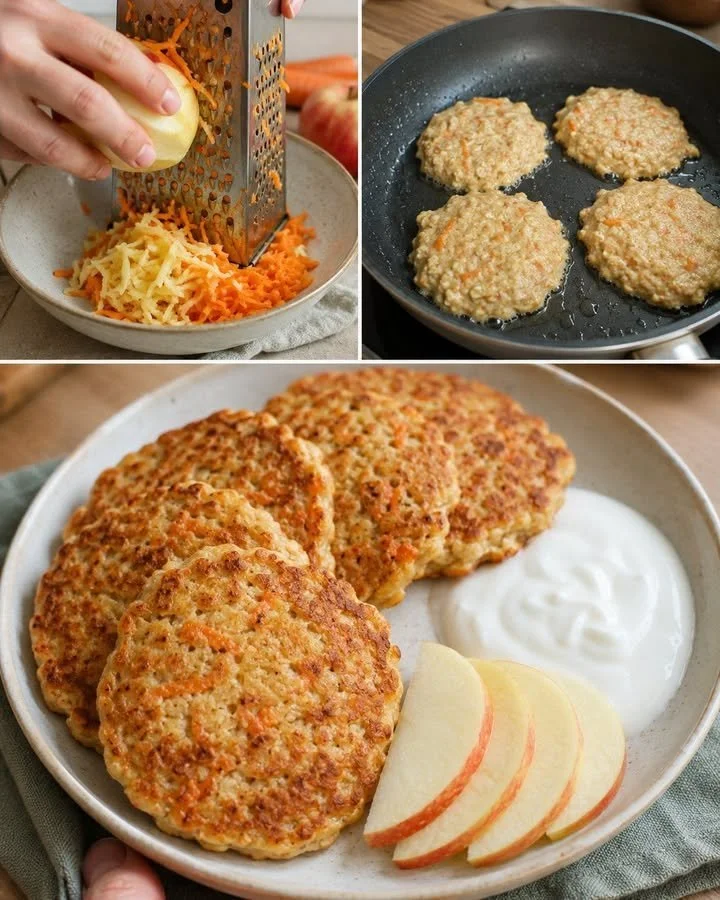 Sugar-free apple and carrot pancakes served with syrup and fresh fruit