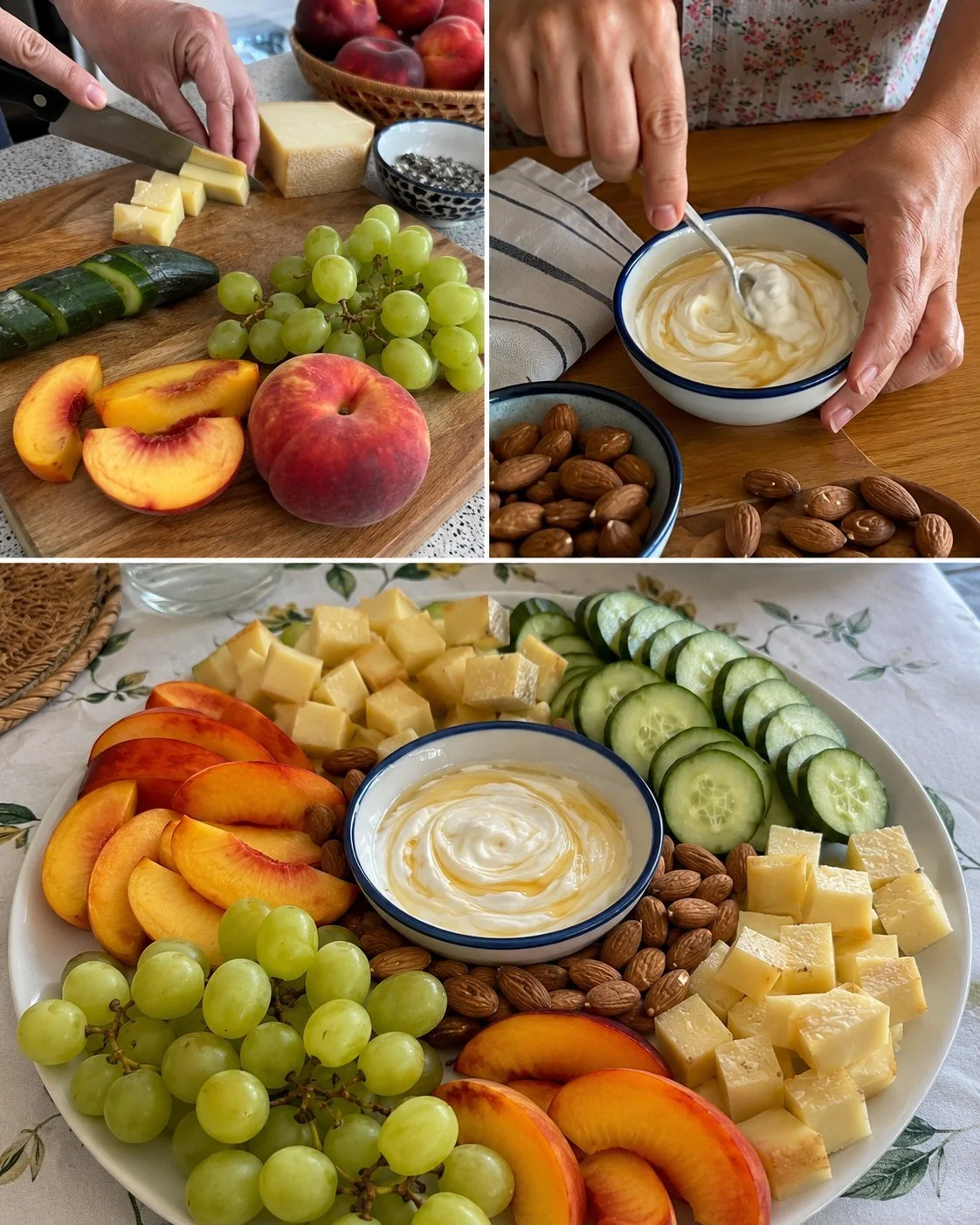 Summer cheese and fruit platter with yogurt dip for refreshing summer snacks