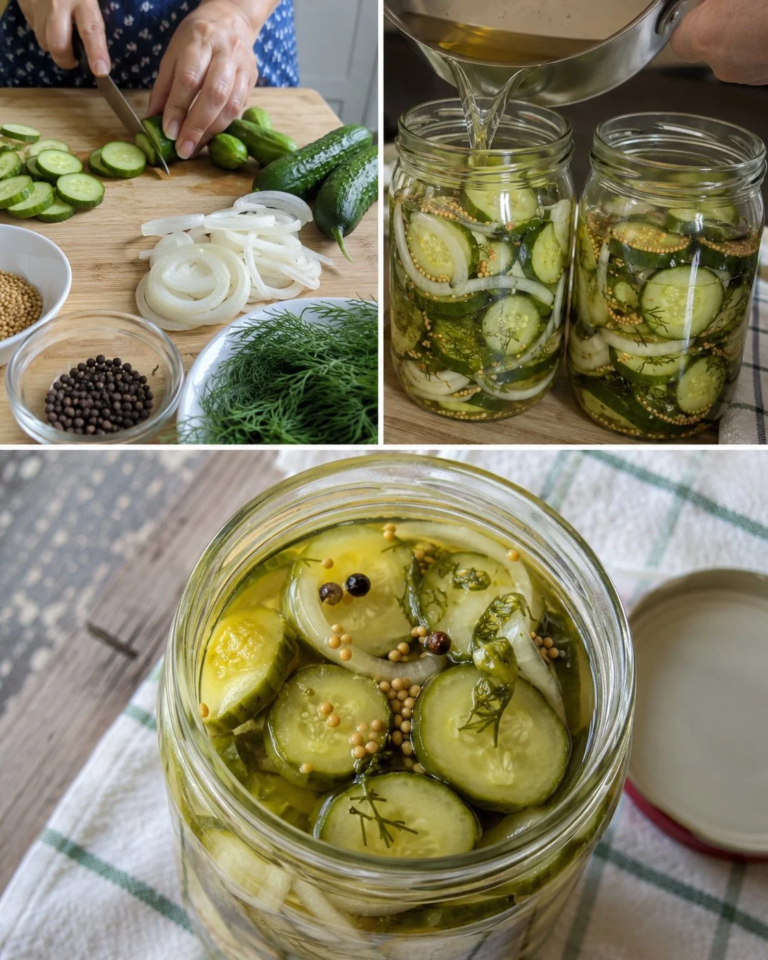 Plate of sweet and sour mustard cucumbers garnished with herbs