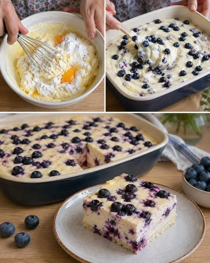Delicious creamy blueberry cake without crust, topped with fresh blueberries.