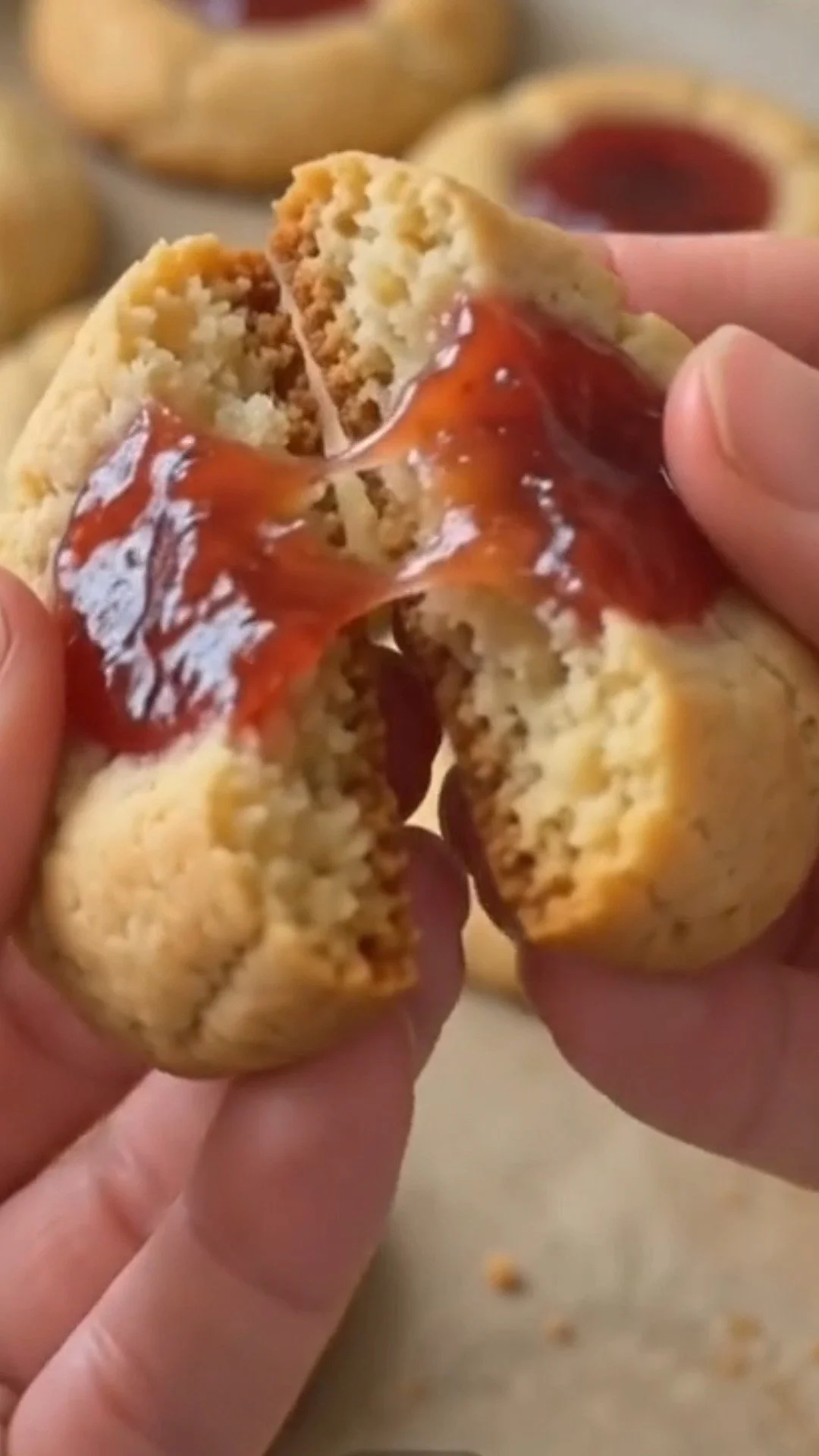 Delicious thumbprint cookies filled with strawberry jam on a plate