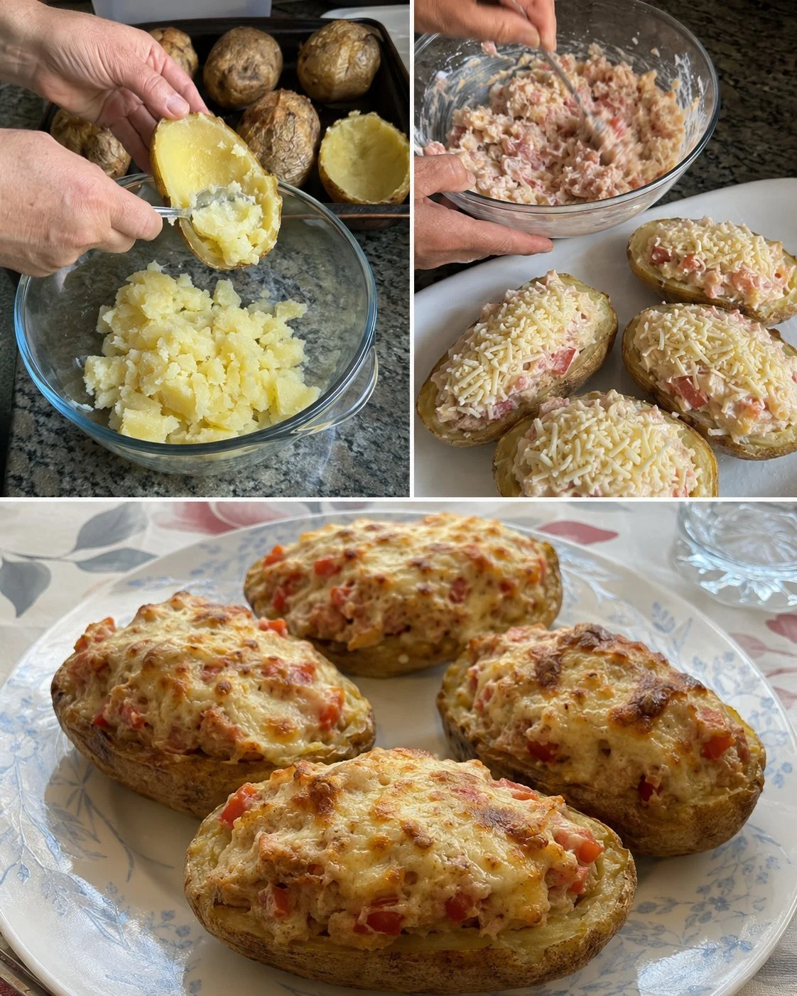 Tuna, tomato, and cheese stuffed potatoes on a plate