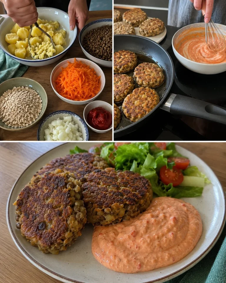 Plate of Vegan Lentil Potato Patties with vibrant Bell Pepper Dip