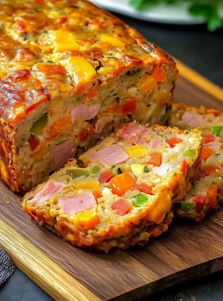 Vegetable packed egg bake with ham and cheese freshly baked in a dish