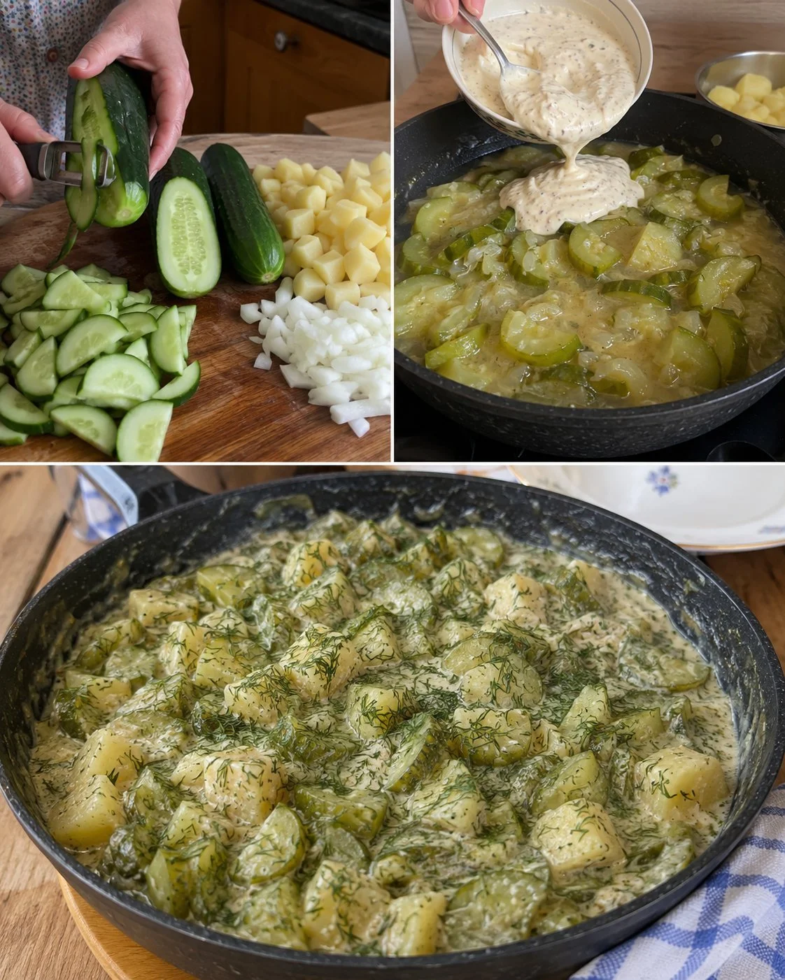 Warm braised cucumbers with potatoes and dill dish served in a bowl