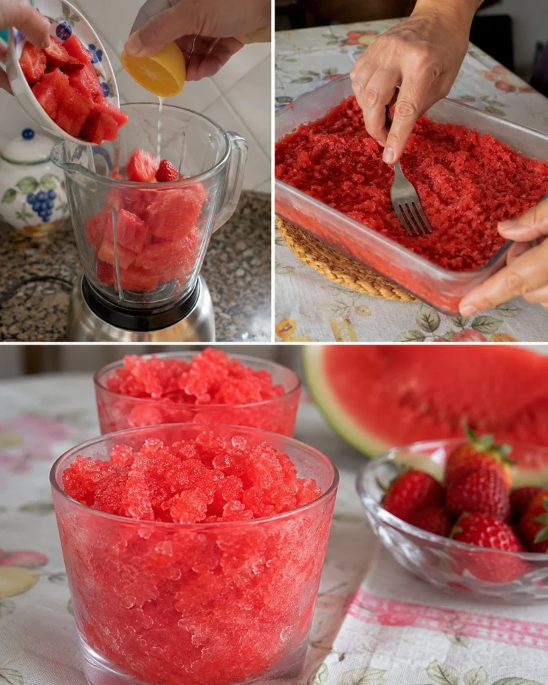 Refreshing watermelon and strawberry granita served in a glass.