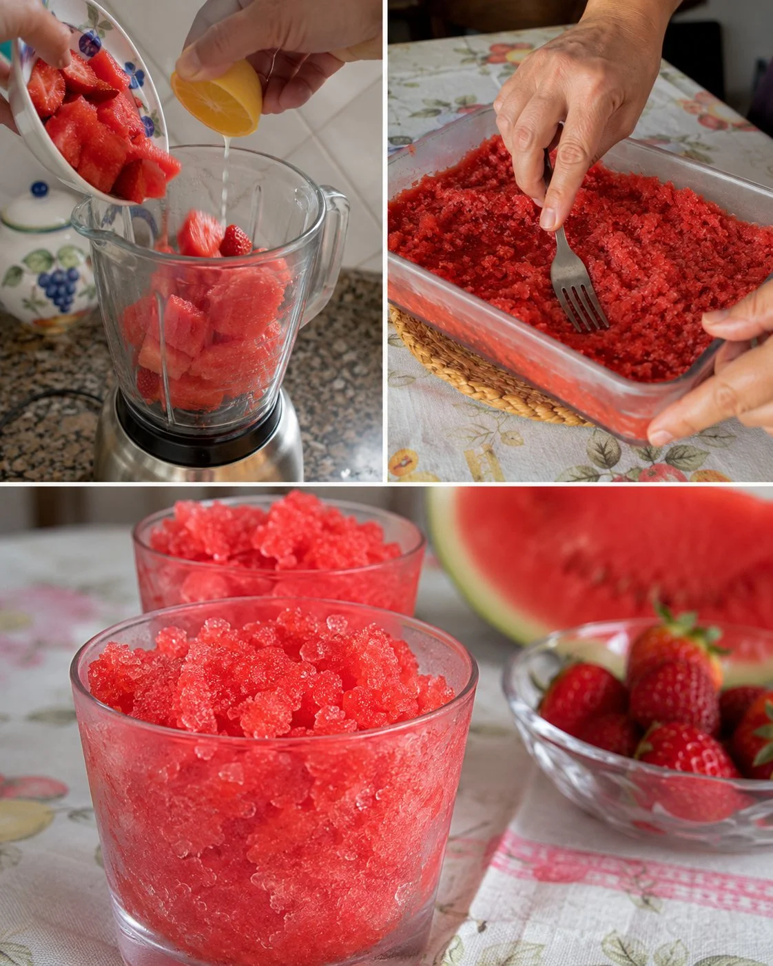 Refreshing watermelon and strawberry granita served in a glass.