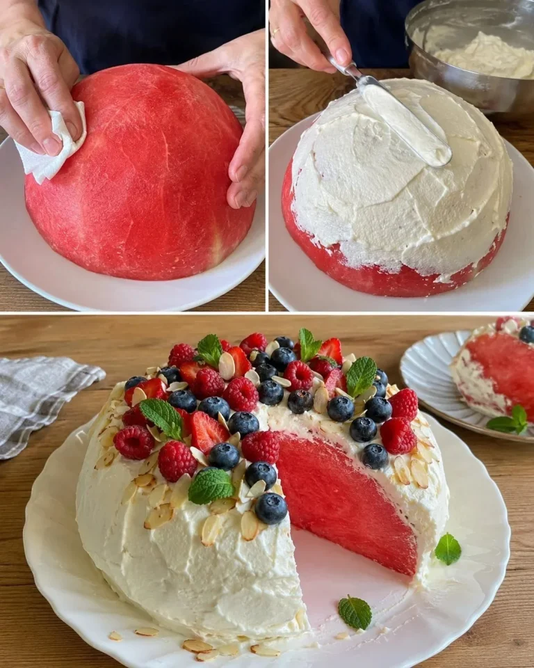 Watermelon dome dessert topped with cream cheese and fresh red berries