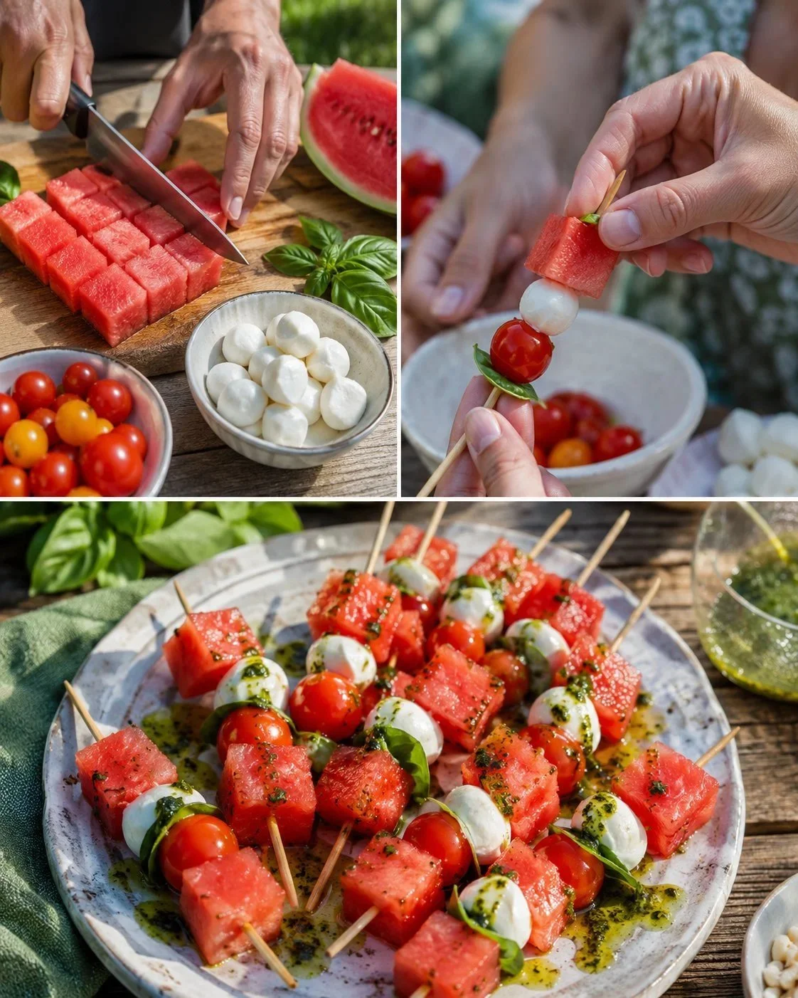 Delicious watermelon skewers with mini mozzarella and cherry tomatoes on a platter