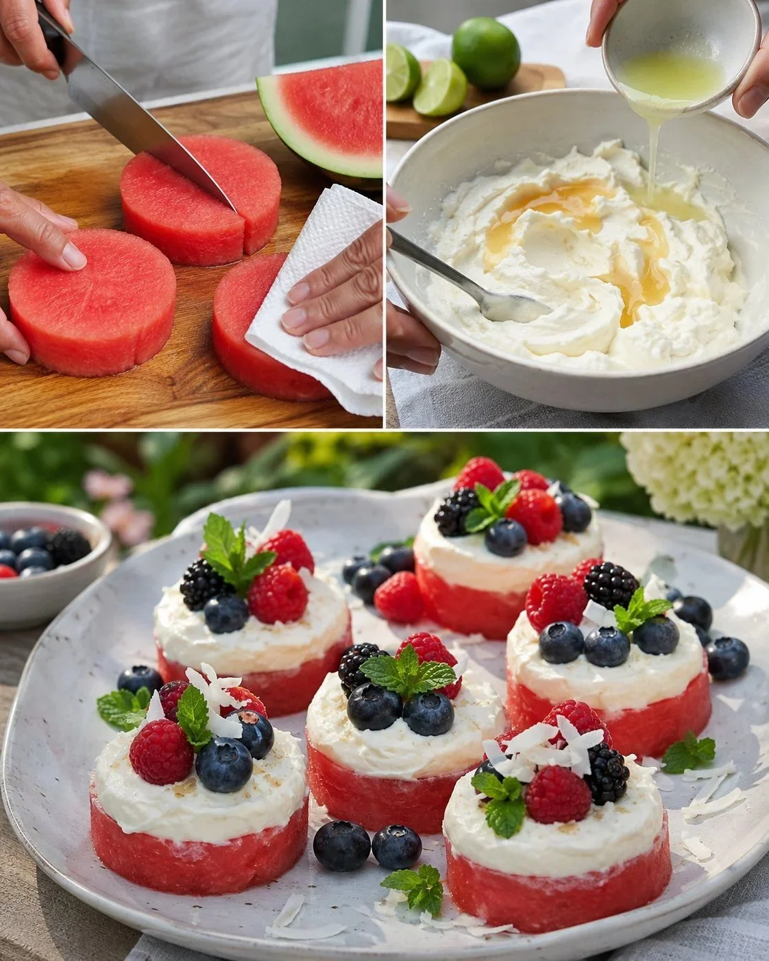 Watermelon slices topped with ricotta cream and cream cheese for a summer dessert