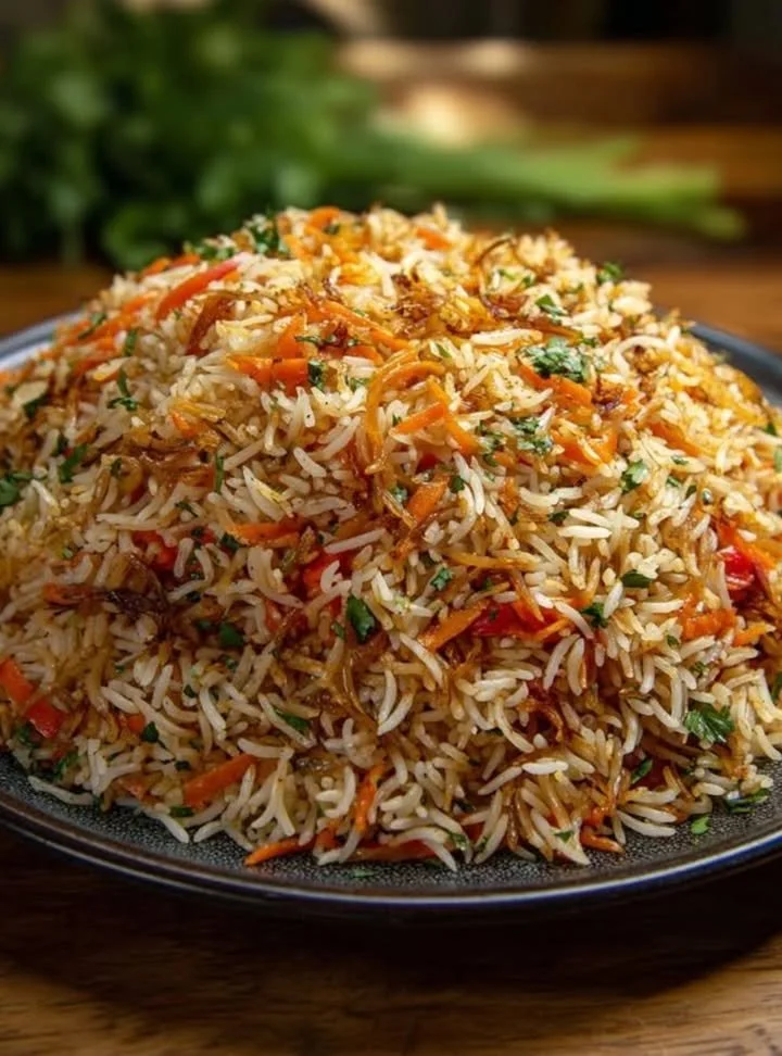 Delicious plate of Yemeni rice garnished with herbs and spices