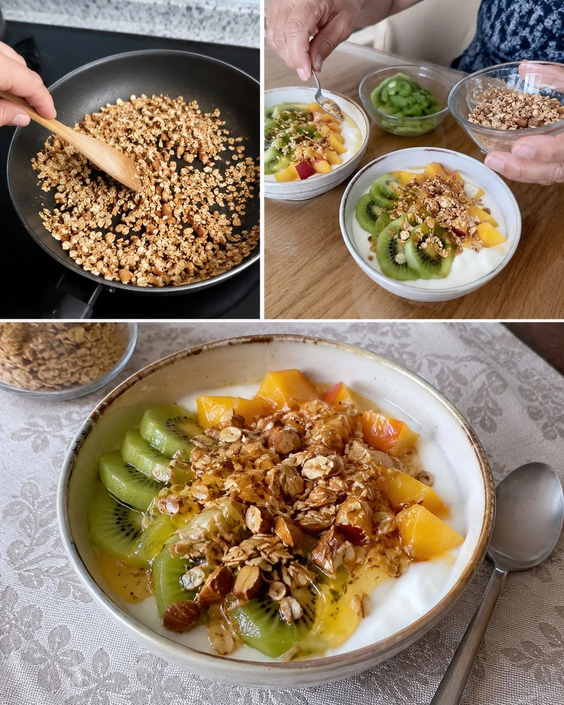 Yogurt bowl topped with fresh kiwi, peach slices, and toasted oats.
