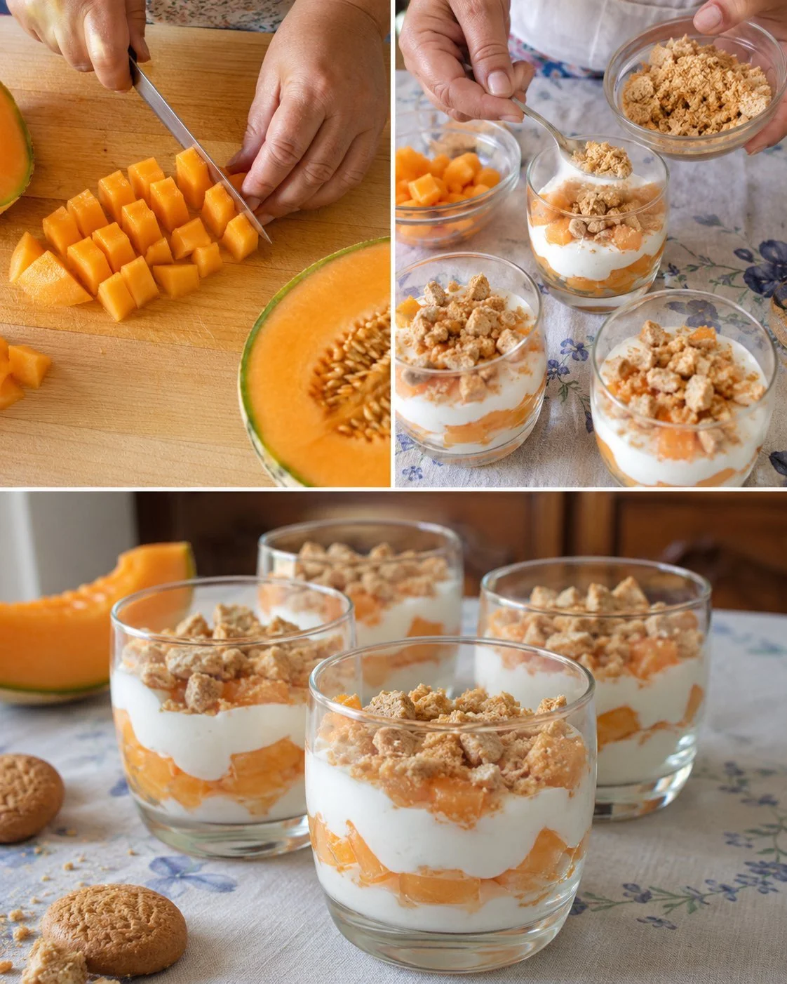 Delicious yogurt melon cups with amaretti topping, a refreshing dessert.