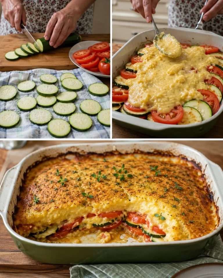 Zucchini Tomato Gratin with Polenta Crust fresh from the oven