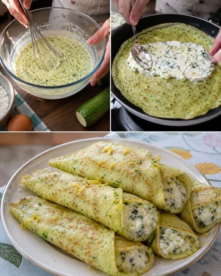 Zucchini crepes filled with ricotta cheese and lemon zest topped with herbs