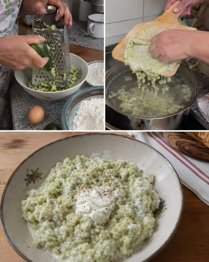 Plate of Zucchini Halusky with creamy Bryndza sauce drizzled on top
