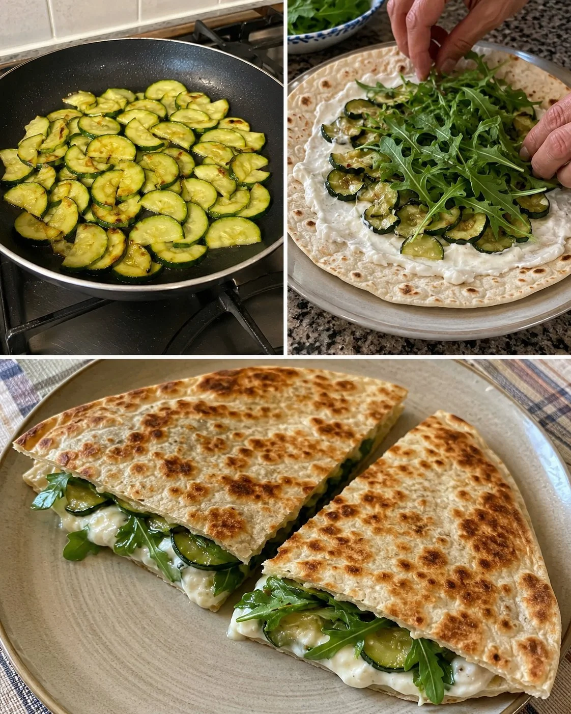 Zucchini Piadina with Stracchino and Arugula served on a plate
