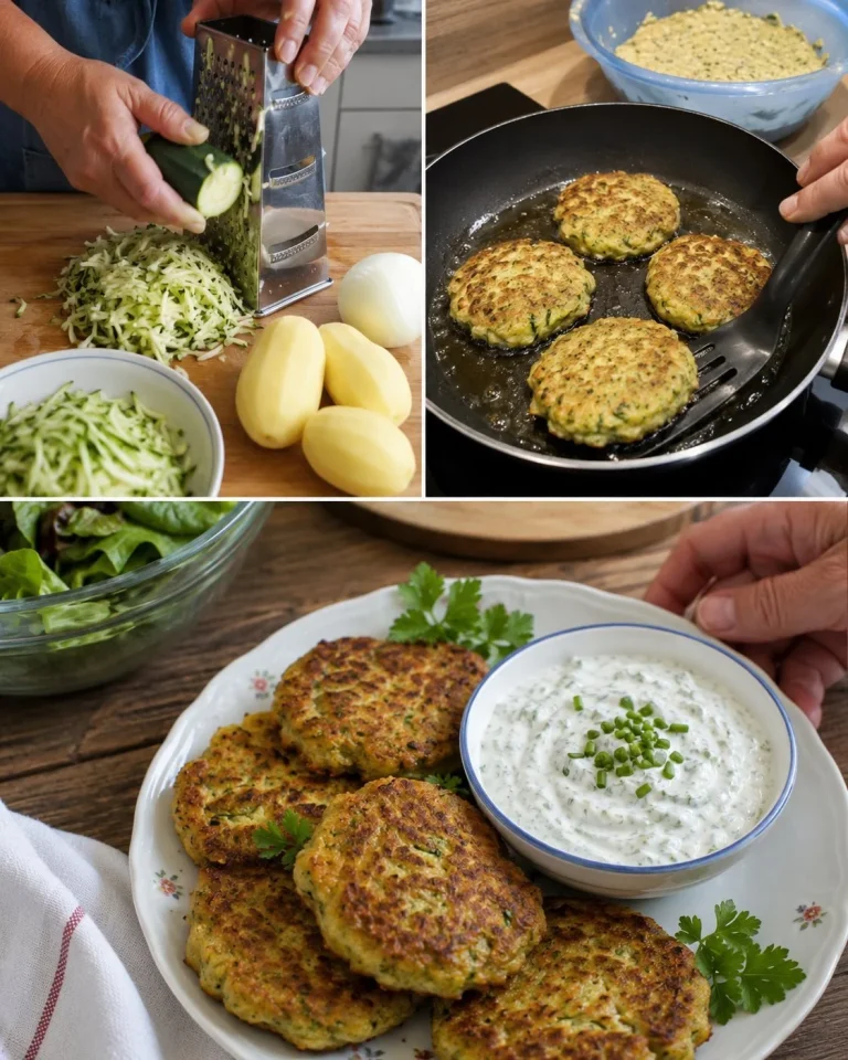 Crispy zucchini-potato patties served with a side of herb yogurt dip