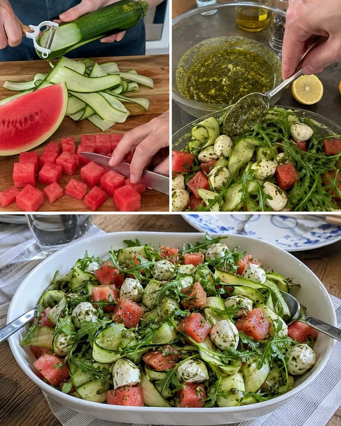 Zucchini ribbon salad with watermelon and fresh basil in a bowl