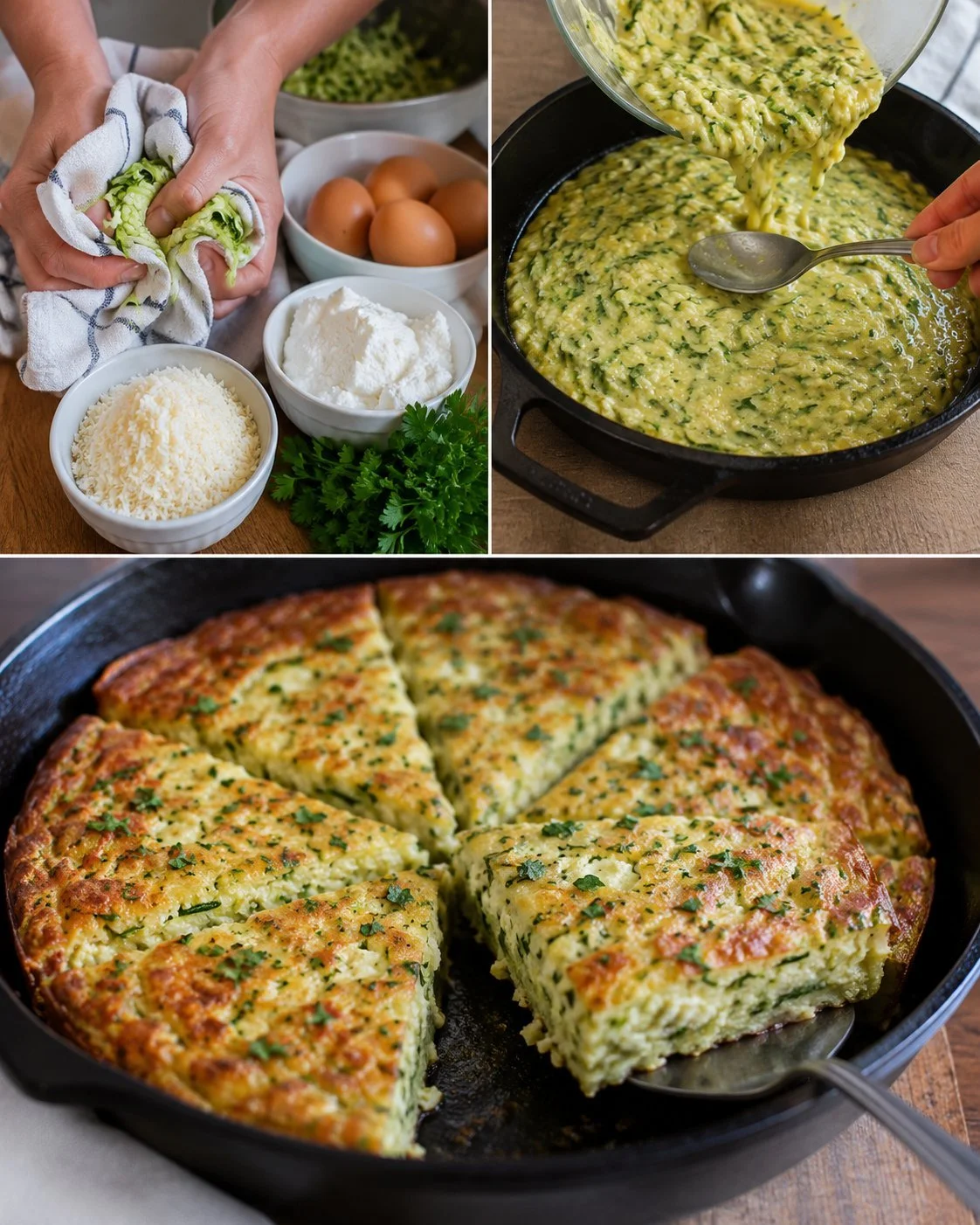 Zucchini Ricotta Egg Bake fresh out of the oven, served in a dish.