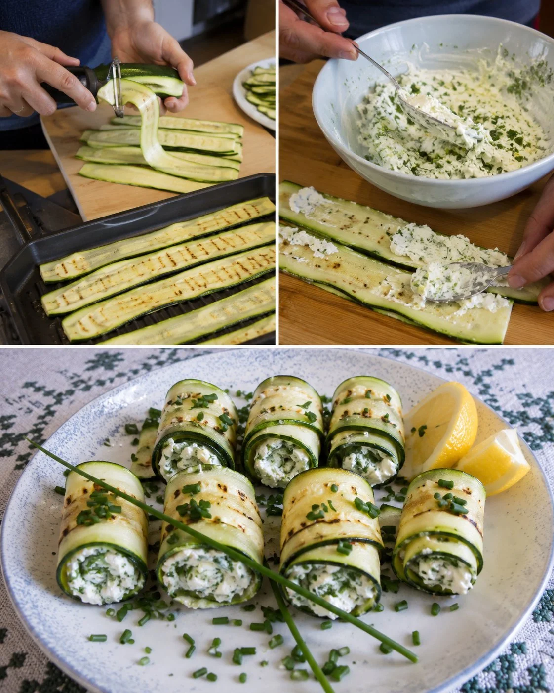 Delicious zucchini rolls with quark-herb filling on a serving plate