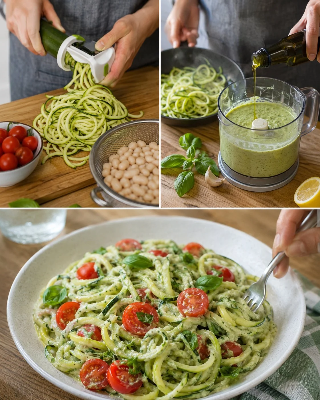 Zucchini spaghetti topped with creamy basil bean sauce in a colorful bowl.