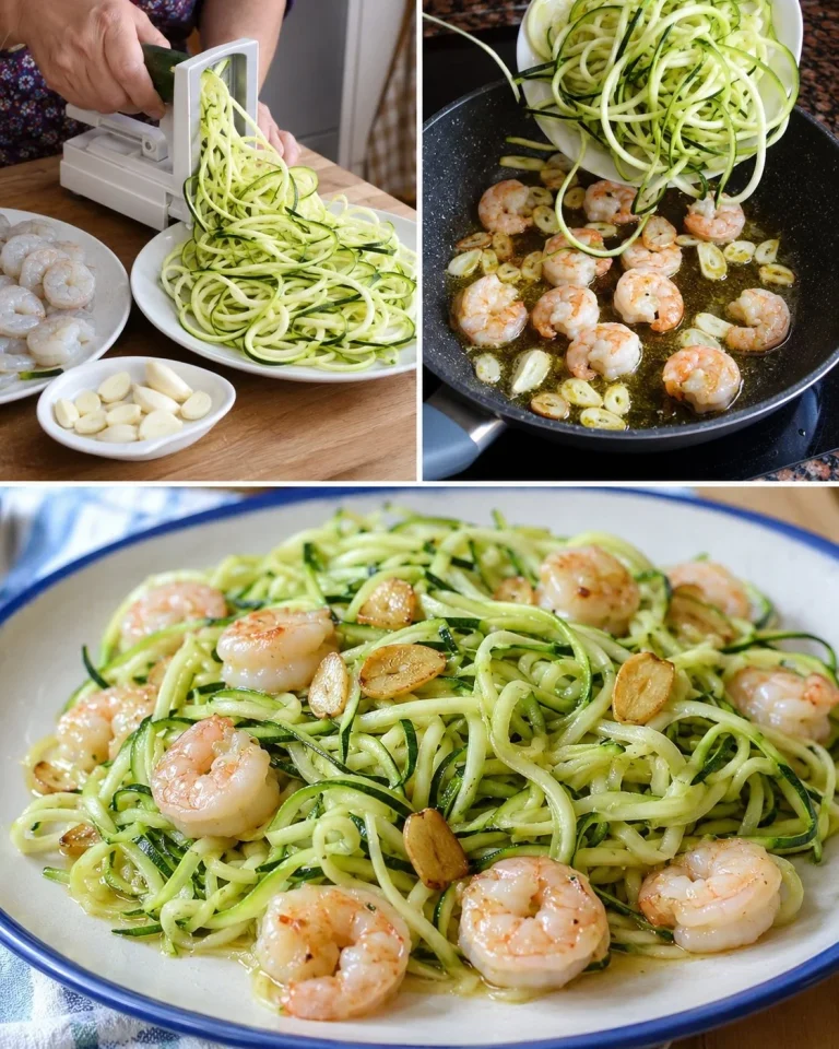 Zucchini spaghetti with shrimp and garlic served in a bowl