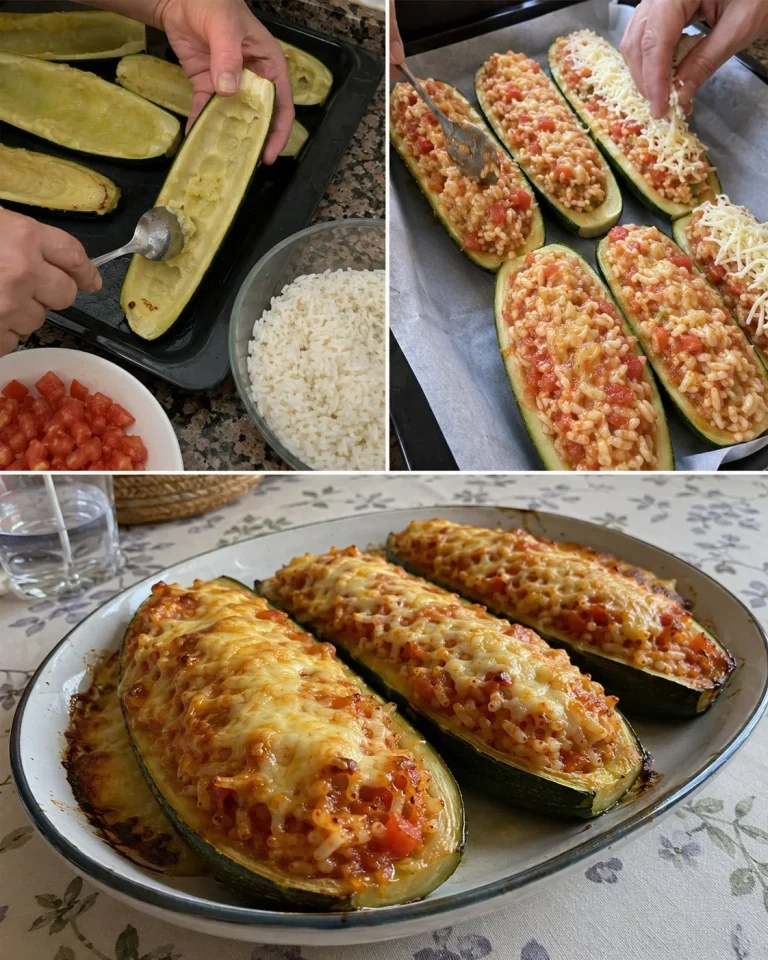 Zucchini stuffed with rice, tomato, and cheese on a plate