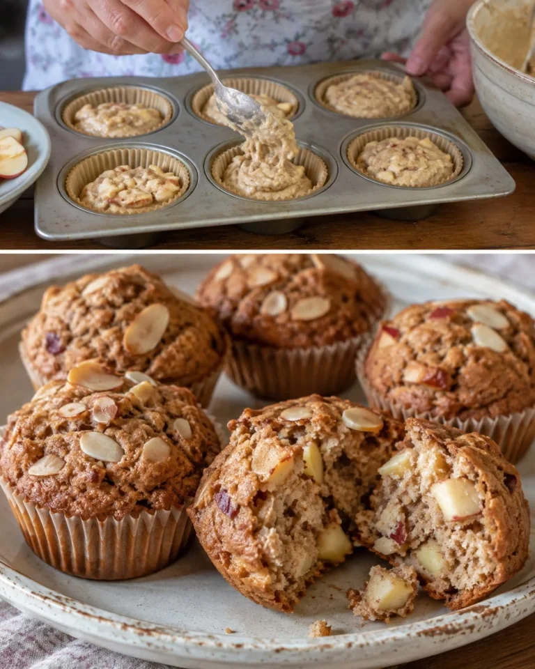 Delicious homemade Almond Apple Muffins served on a wooden plate.