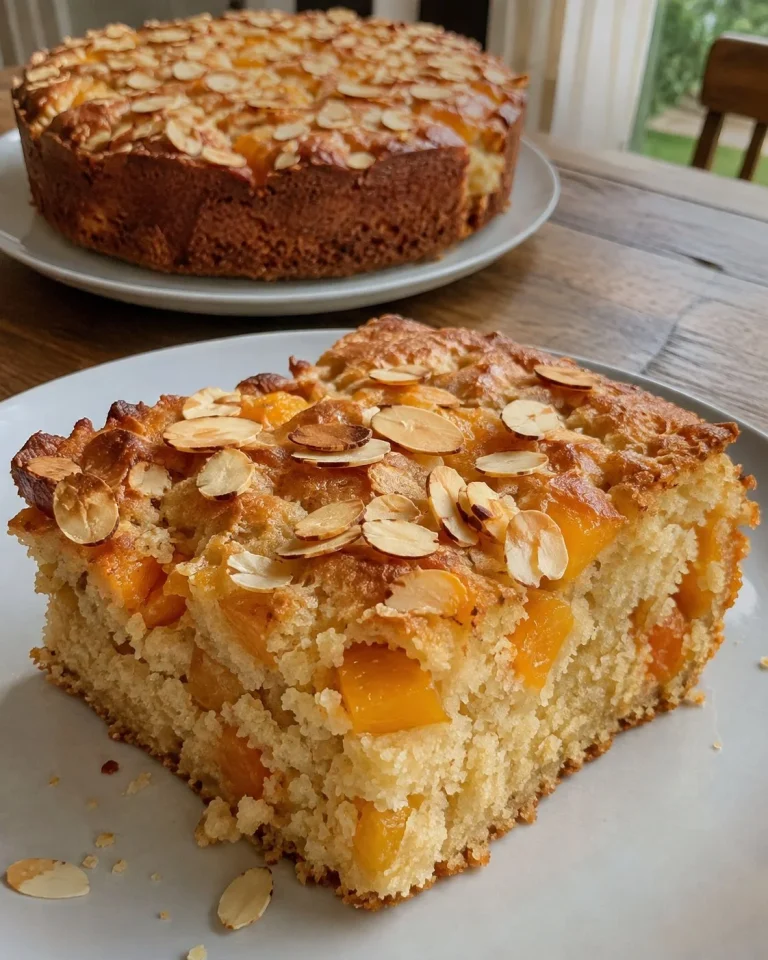Almond Apricot Coffee Cake topped with nuts and apricots on a serving plate.