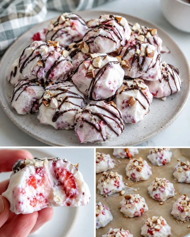 Almond butter yogurt freezer bites on a wooden board with fresh fruit