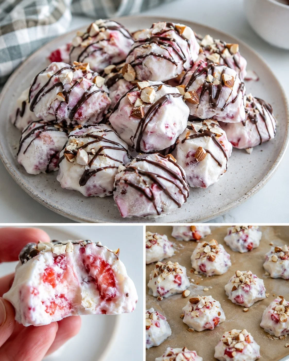 Almond butter yogurt freezer bites on a wooden board with fresh fruit