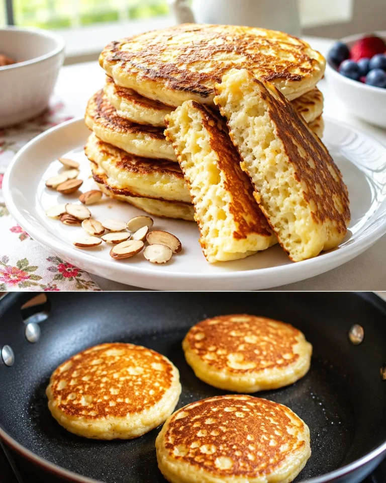 Delicious Almond Cottage Cheese Skillet Pancakes topped with fruit