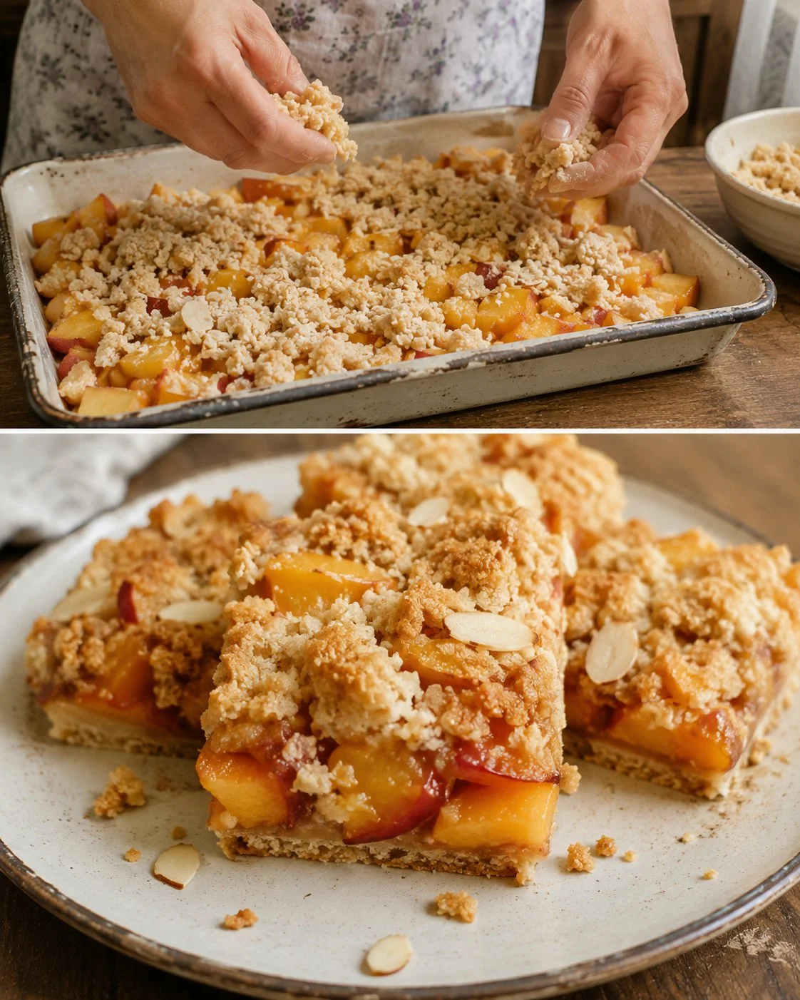 Almond Peach Crumble Squares with fresh peaches and almond topping