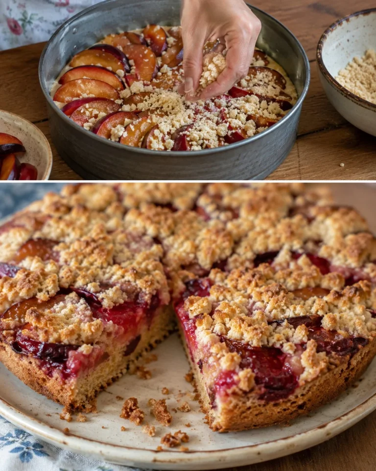 Delicious Almond Plum Crumble Cake with almond topping and fresh plums