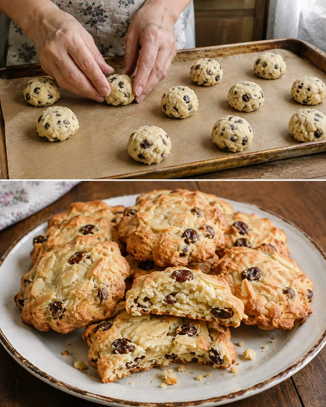 Freshly baked almond raisin cookies on a cooling rack