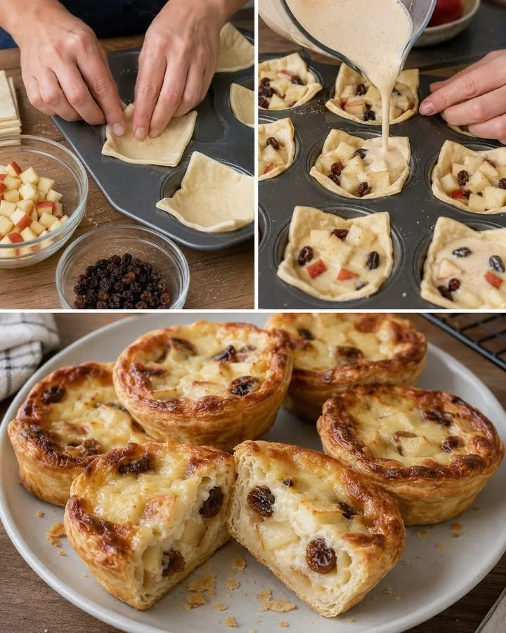 Apple and custard tartlets in flaky pastry, a delightful dessert treat.
