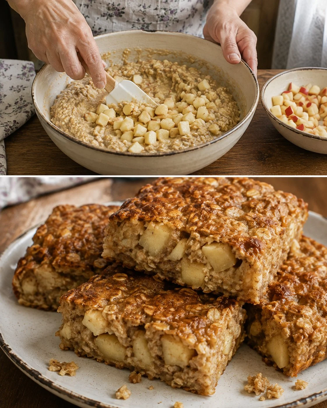 Delicious Apple Cinnamon Oat Bake served with fresh apple slices and cinnamon on top.