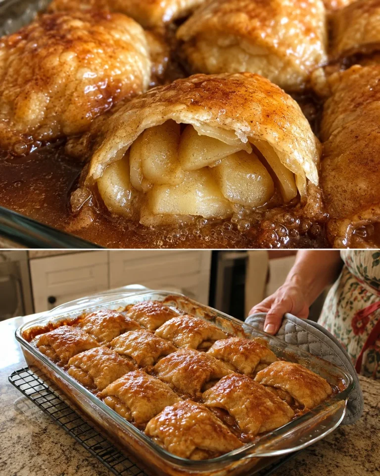 Delicious Apple Cinnamon Dumpling Casserole served warm with a creamy glaze