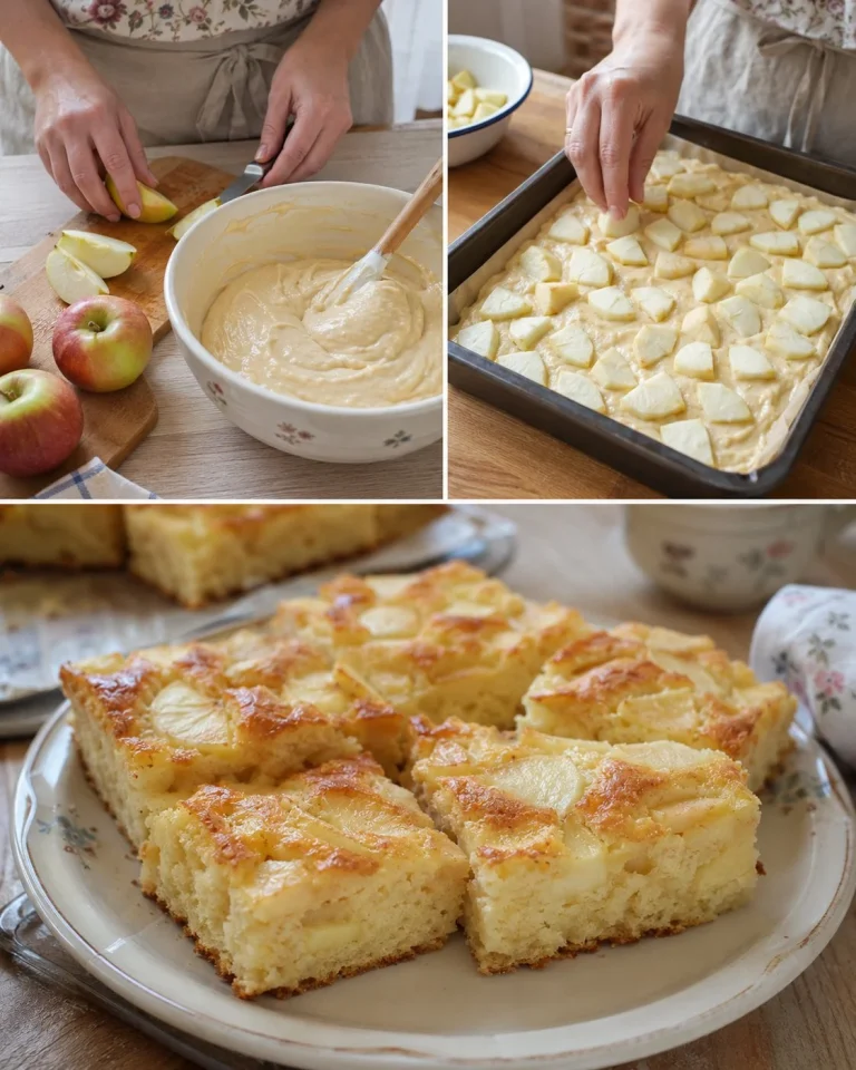 Delicious Apple Yogurt Sheet Cake topped with apple slices and yogurt frosting.